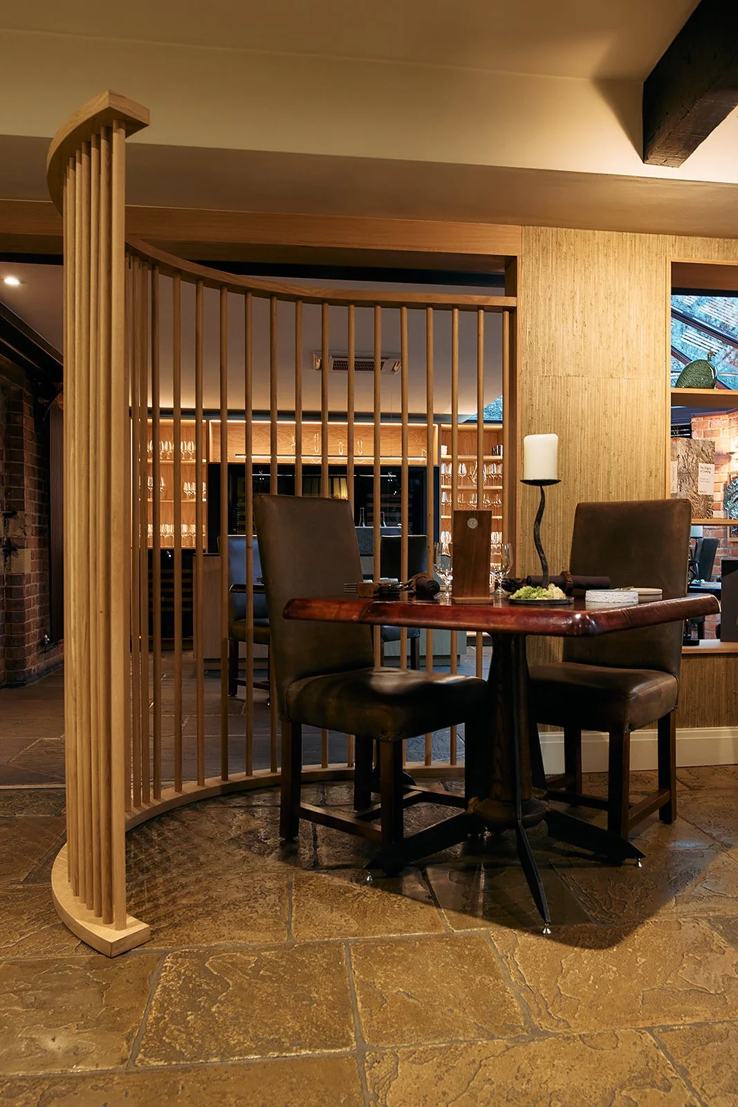 Curved oak partition and dining space at Restaurant Sat Bains, Nottingham, commercial interior design project