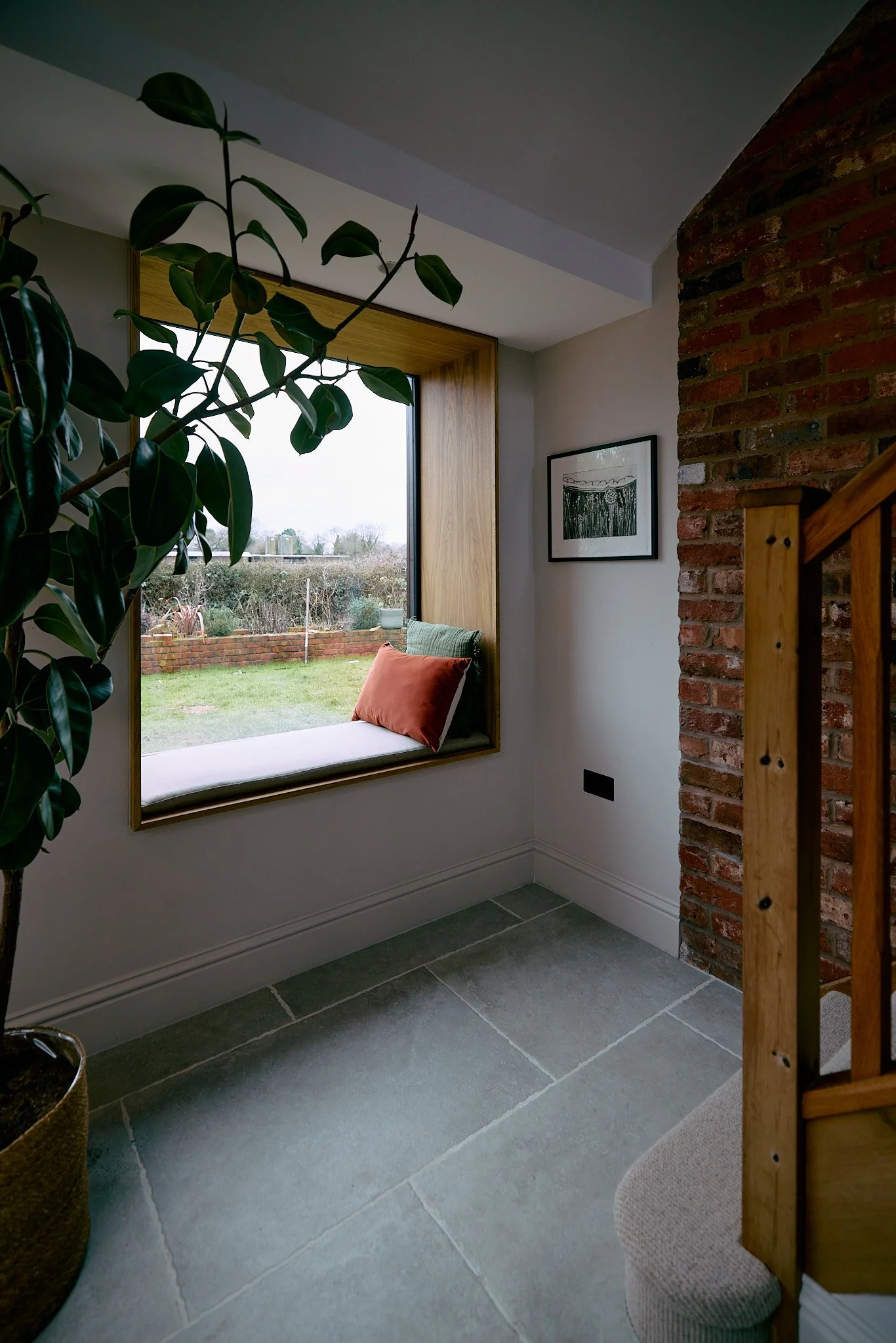 Built in window seat overlooking garden in Nottinghamshire home