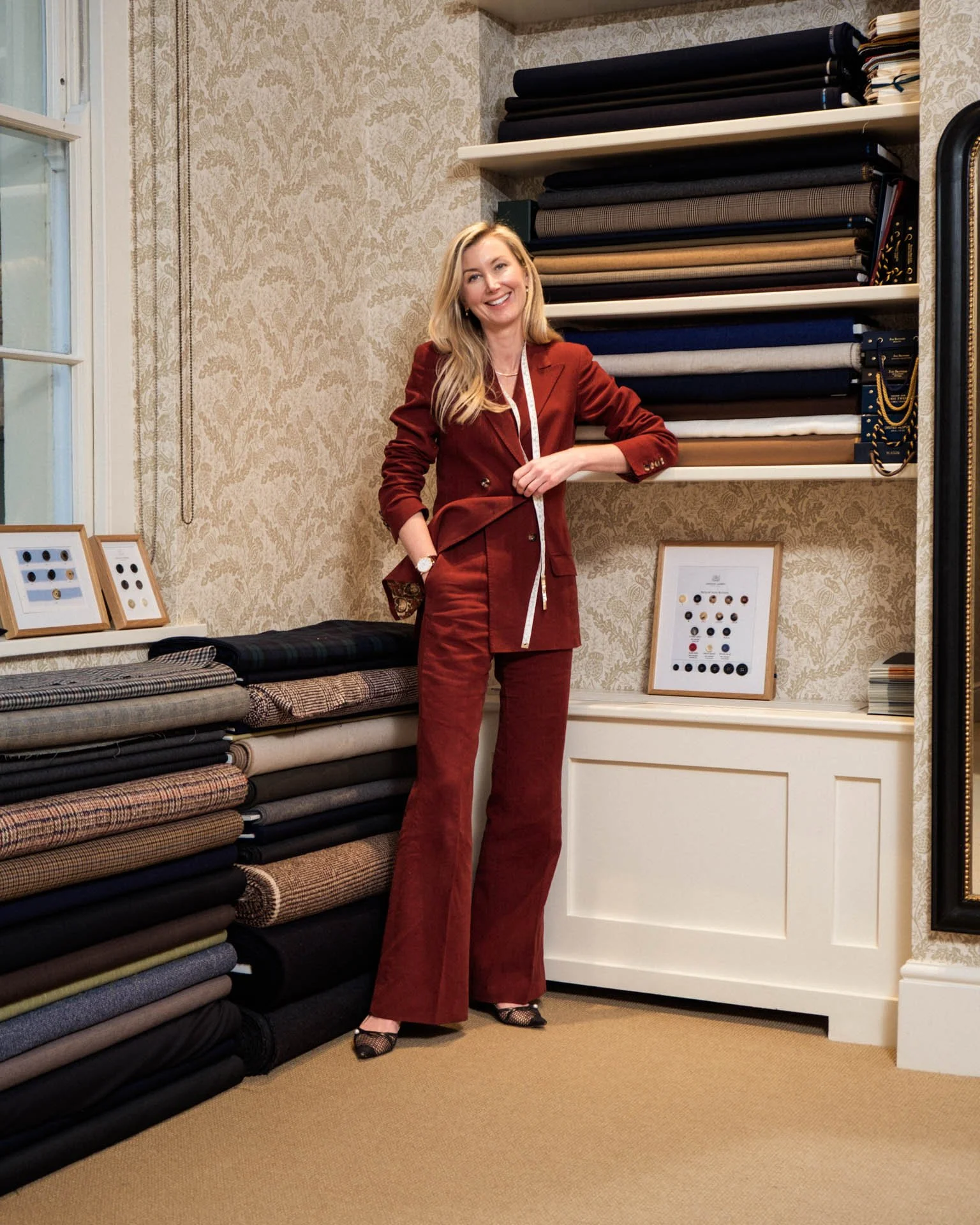 Caroline Andrew at her shop on Savile Row, London