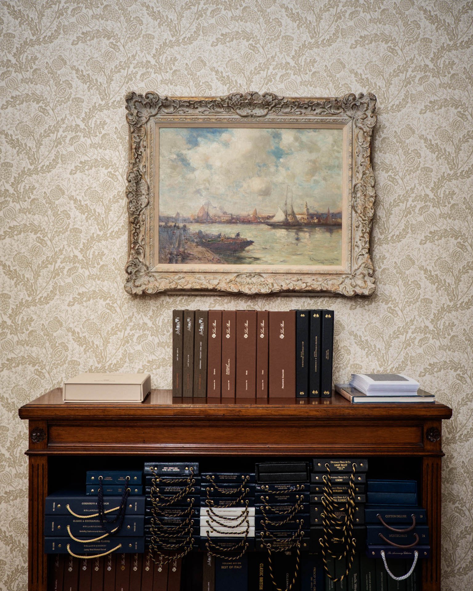 Fabric samples at Caroline Andrew's shop on Savile Row.