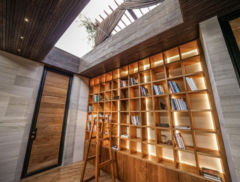 Interior view of a modern room with a large wooden shelving unit filled with books and decorative items, a wooden ladder leaning against the shelf, a door with wooden and black trim, and a skylight showing an outdoor tree.