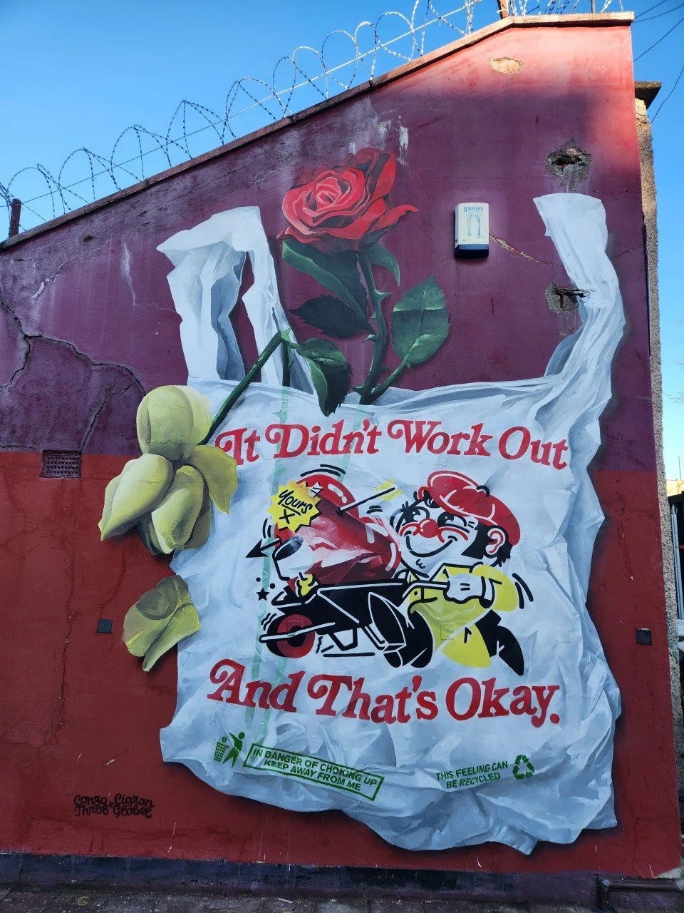 Picture created using graffiti art, on the side of a red building. It depicts an carrier bag with a rose  in full bloom in the bag. The outside shows the words "It didnt work out  and thats okay".