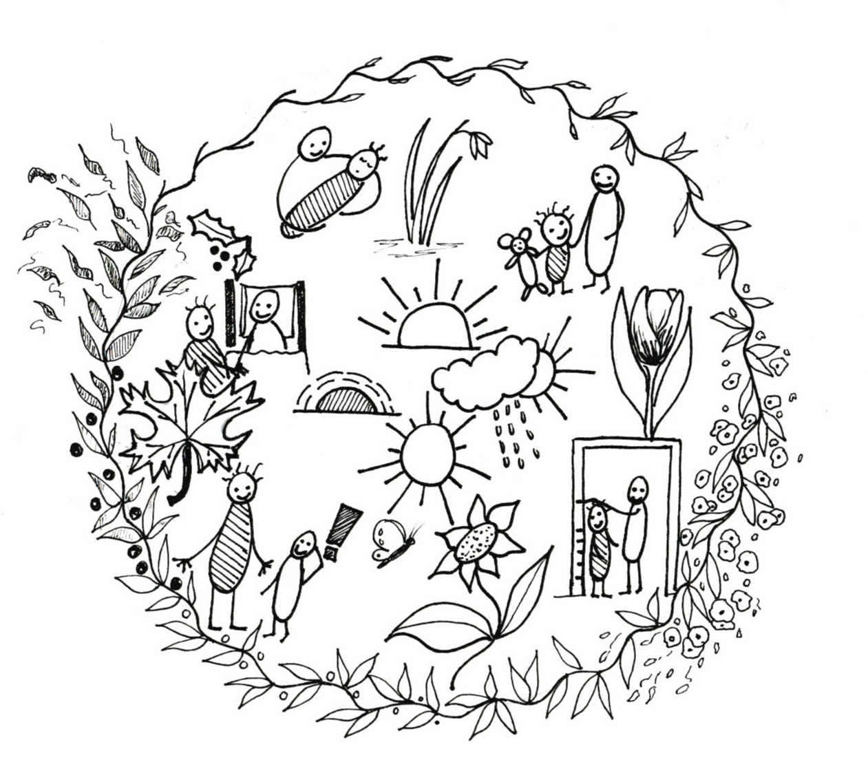 Festive sketchnote drawing by Rachel Burnham showing a wreath filled with festive drawings of people, holly etc.