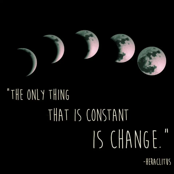 Image of the earth being revealed from behind the moon, with the phrase "The only thing that is constant is change." – Heraclitus. Image from International Space Federation