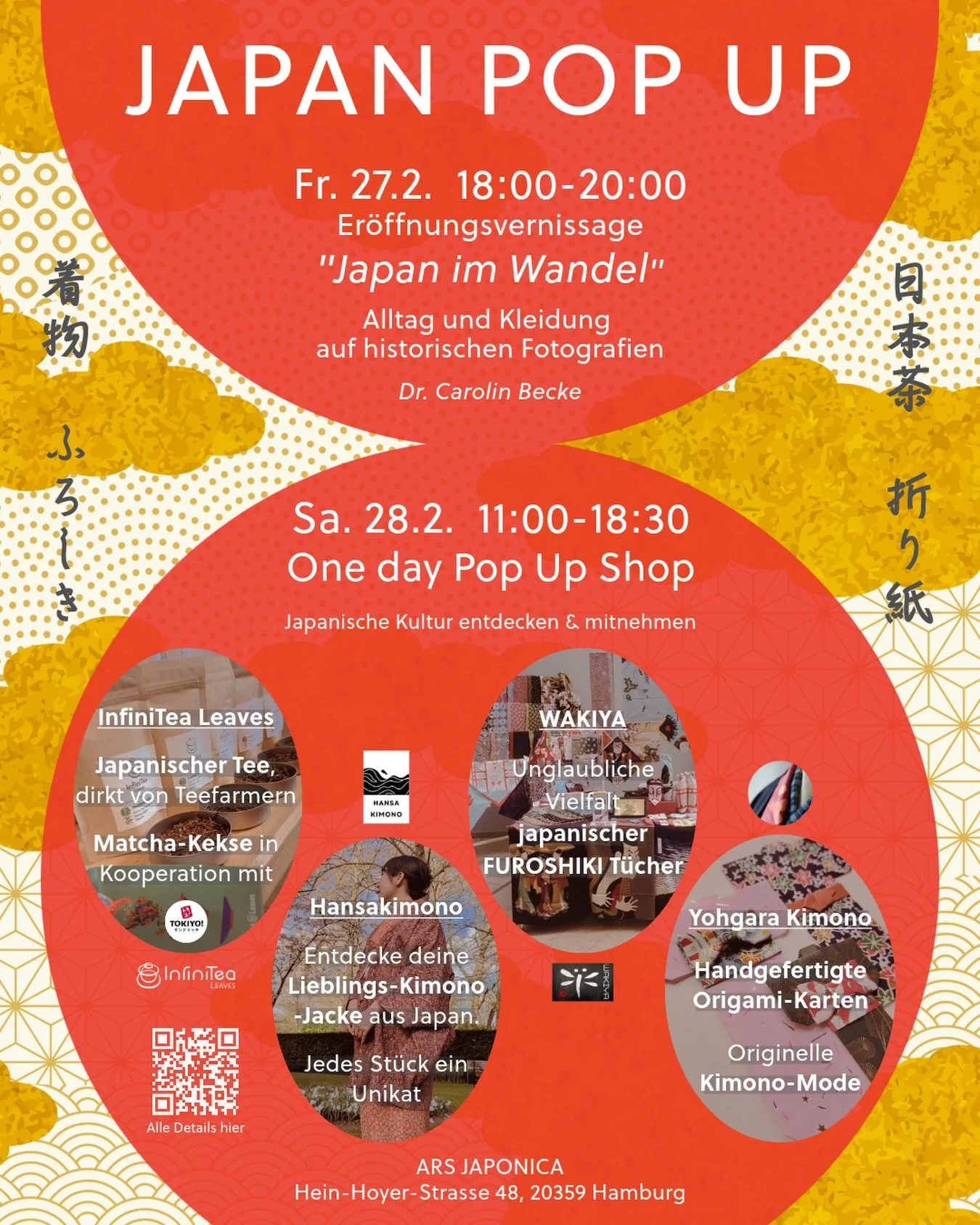 🇯🇵 JAPAN POP UP in Hamburg

🗾 Ein Wochenende voller japanischer Kultur, Handwerk &amp; Inspiration

🪭 Fr. 27.2. | 18:00-20:00
Er&ouml;ffnungsvernissage&bdquo;Japan im Wandel&ldquo; 
&ndash; Alltag und Kleidung auf historischen Fotografien
mit ein