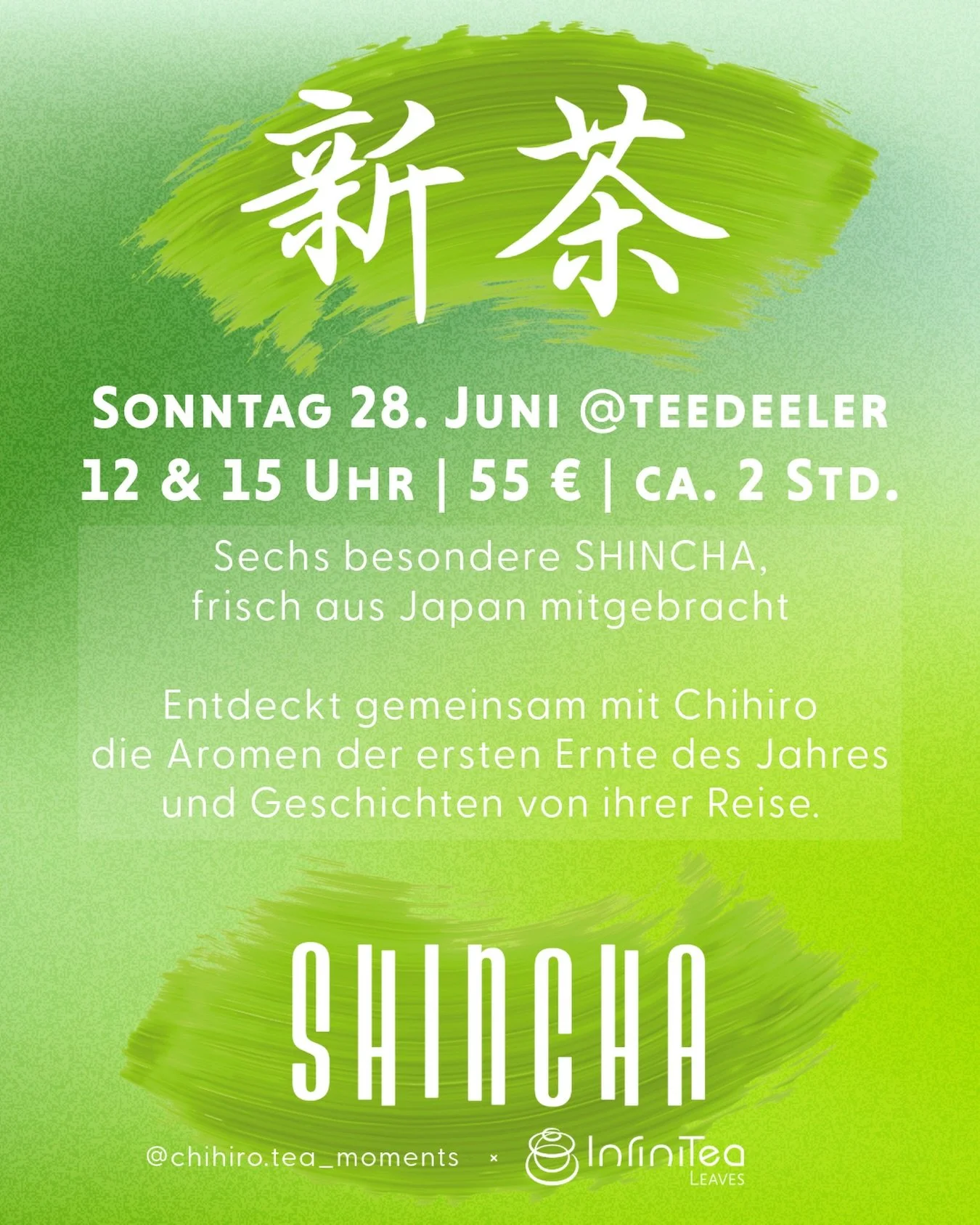 Limited | Shincha Verkostung 🇯🇵
📅 Sonntag, 28. Juni | @teedeeler 
12:00 Uhr &amp; 15:00 Uhr | 55&euro; | ca. 2 Std.

Sechs ausgew&auml;hlte Shincha der ersten Fr&uuml;hlingsernte, die Chihiro @chihiro_tea.moments auf ihrer Japanreise entdeckt und 
