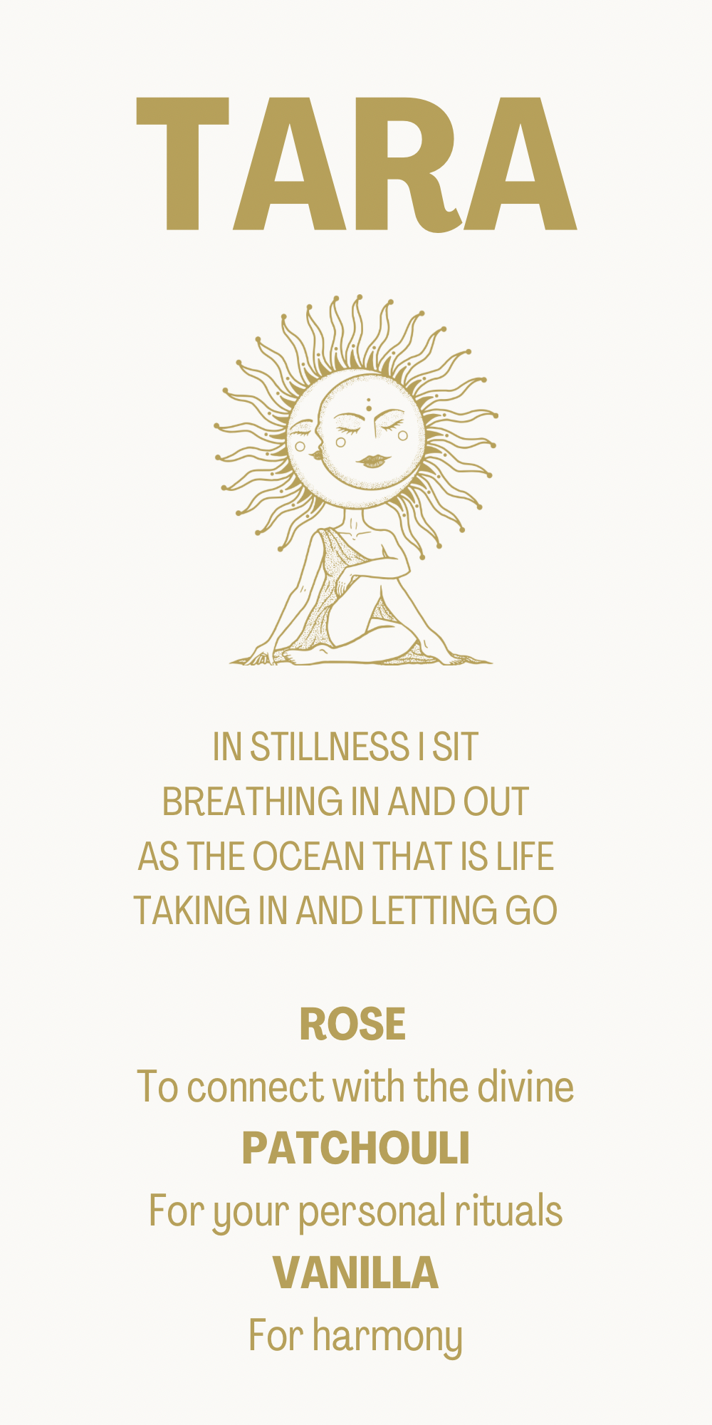 A design featuring a sun with a face and a woman meditating, along with text about a personal ritual involving the scents of rose, patchouli, and vanilla.
