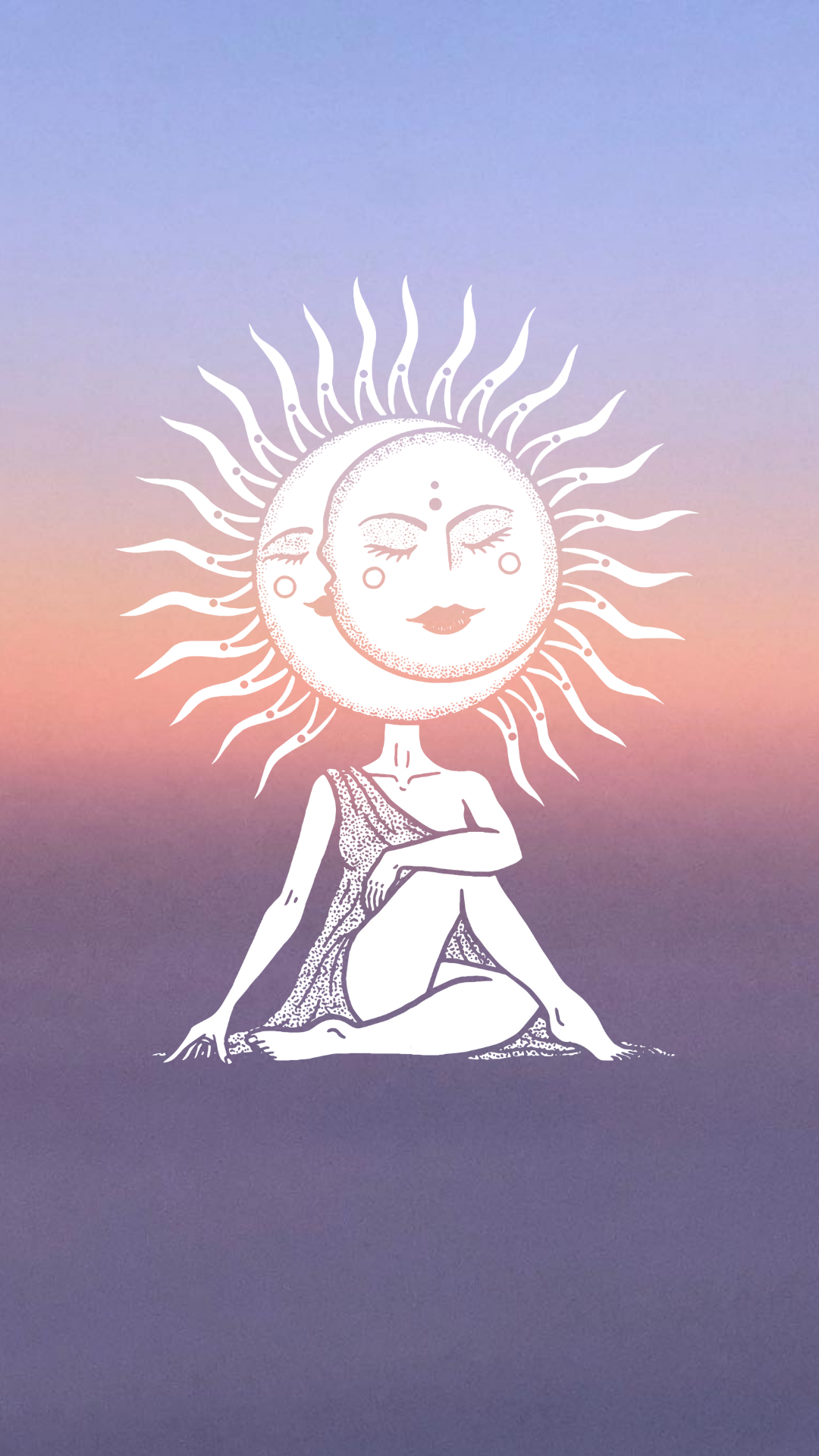 Illustration of a meditative figure with a moon face as the head, sitting cross-legged with a peaceful expression, surrounded by a sun with rays, set against a pastel sunset background.