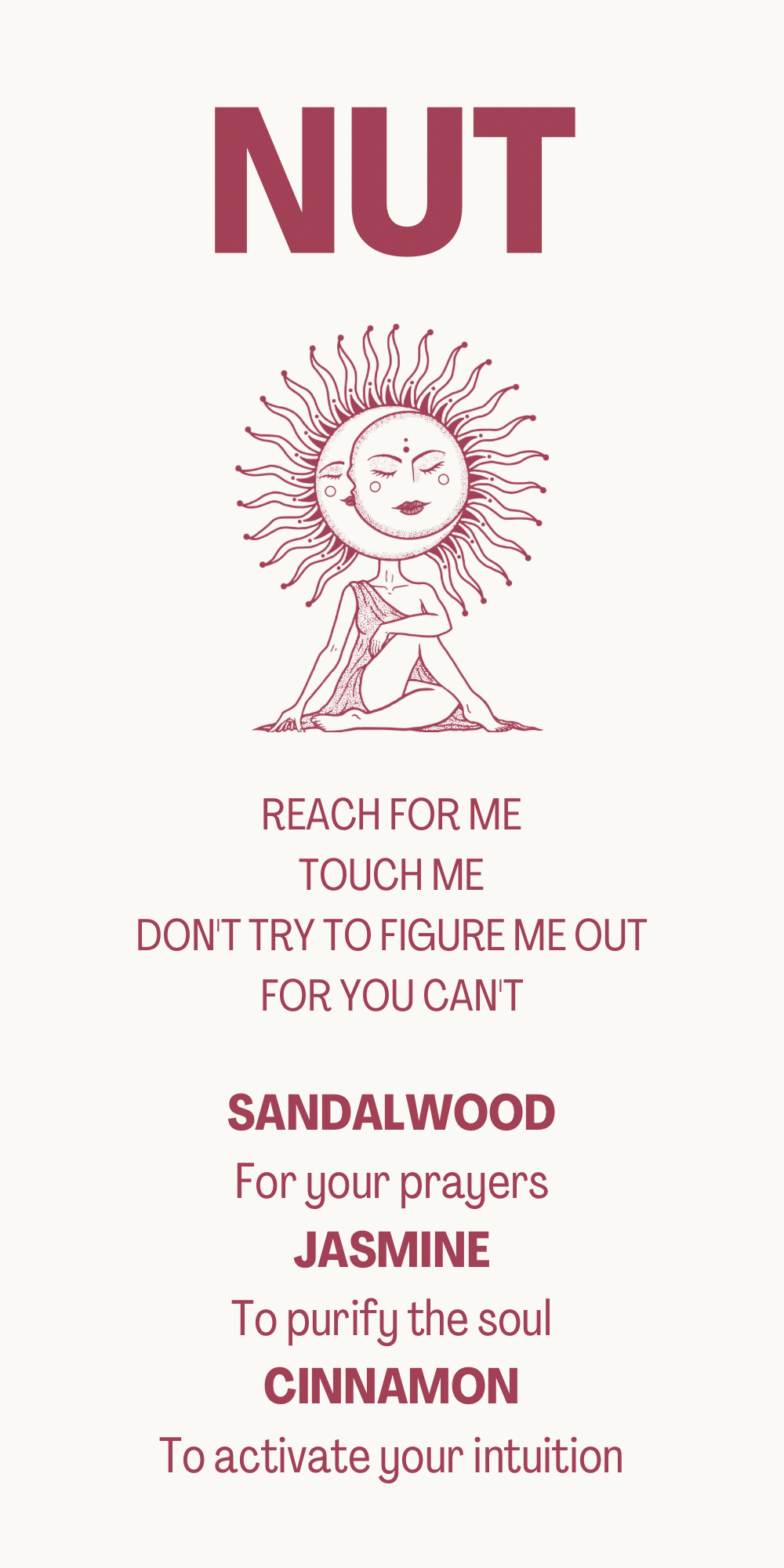 A vertical herbal meditation and prayer card with a stylized sun figure with a moon face, surrounded by sun rays, and a woman sitting cross-legged. Text includes a prayer for different herbs: sandalwood, jasmine, and cinnamon, to purify the soul, activate intuition, and for prayers.