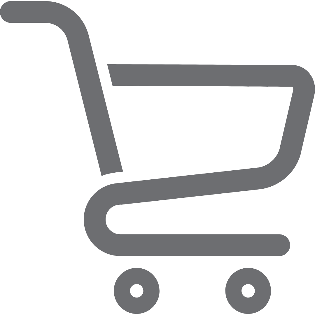 Gray shopping cart icon with wheels, no background.