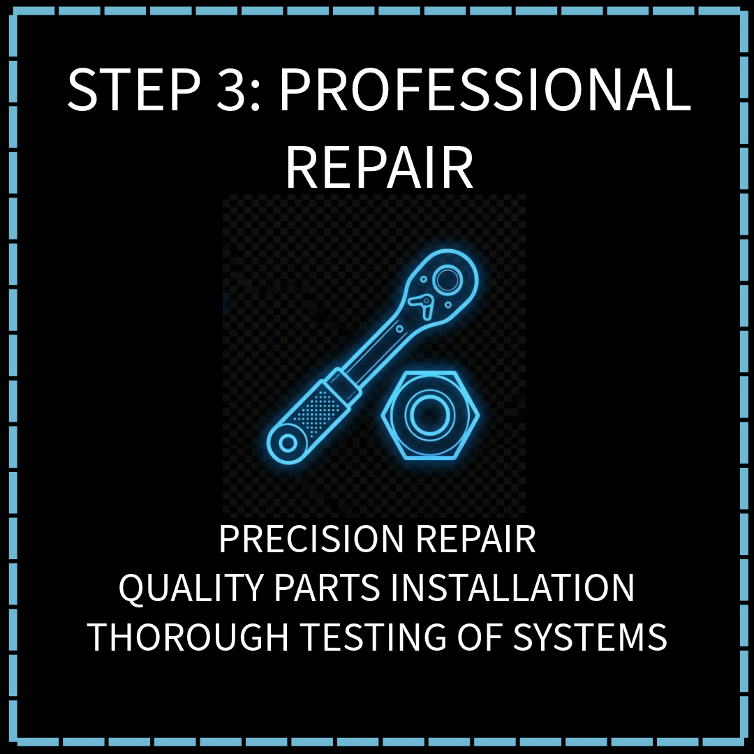 Neon-style graphic of a wrench and a bolt with text about professional repair, precision parts, installation, and thorough testing of systems.