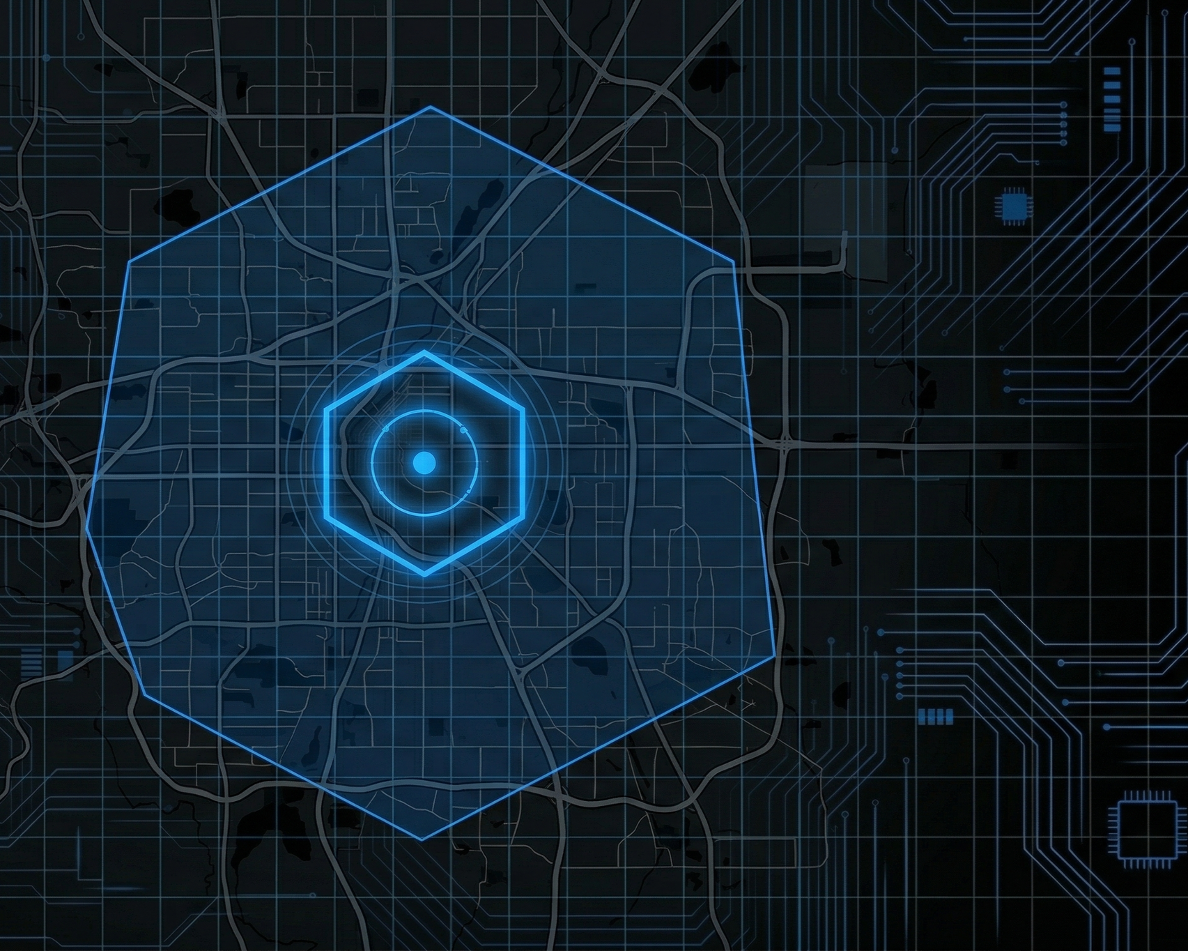 Digital map with glowing blue hexagon and concentric circles representing Colorado, overlaid on a city map with grid and roads, on a dark background with circuit-like patterns.