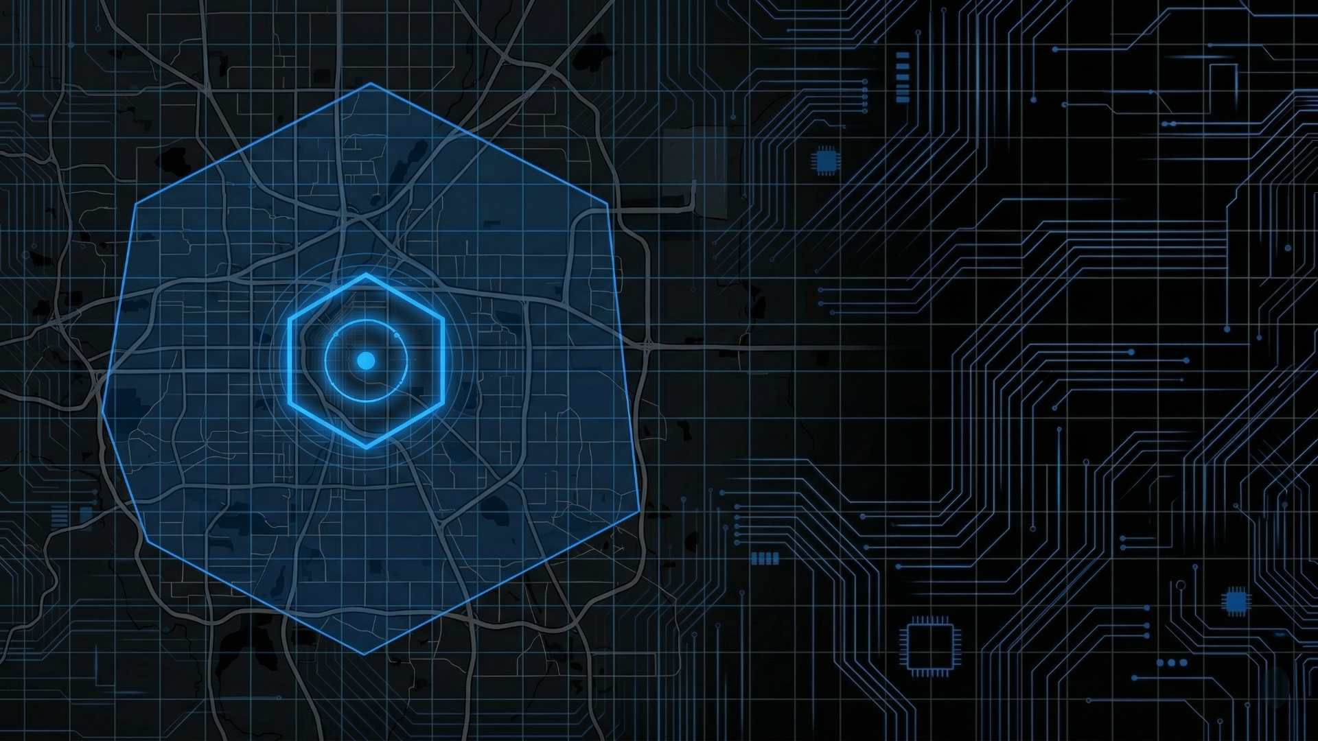 Digital map with glowing blue hexagon and concentric circles representing Colorado, overlaid on a city map with grid and roads, on a dark background with circuit-like patterns.