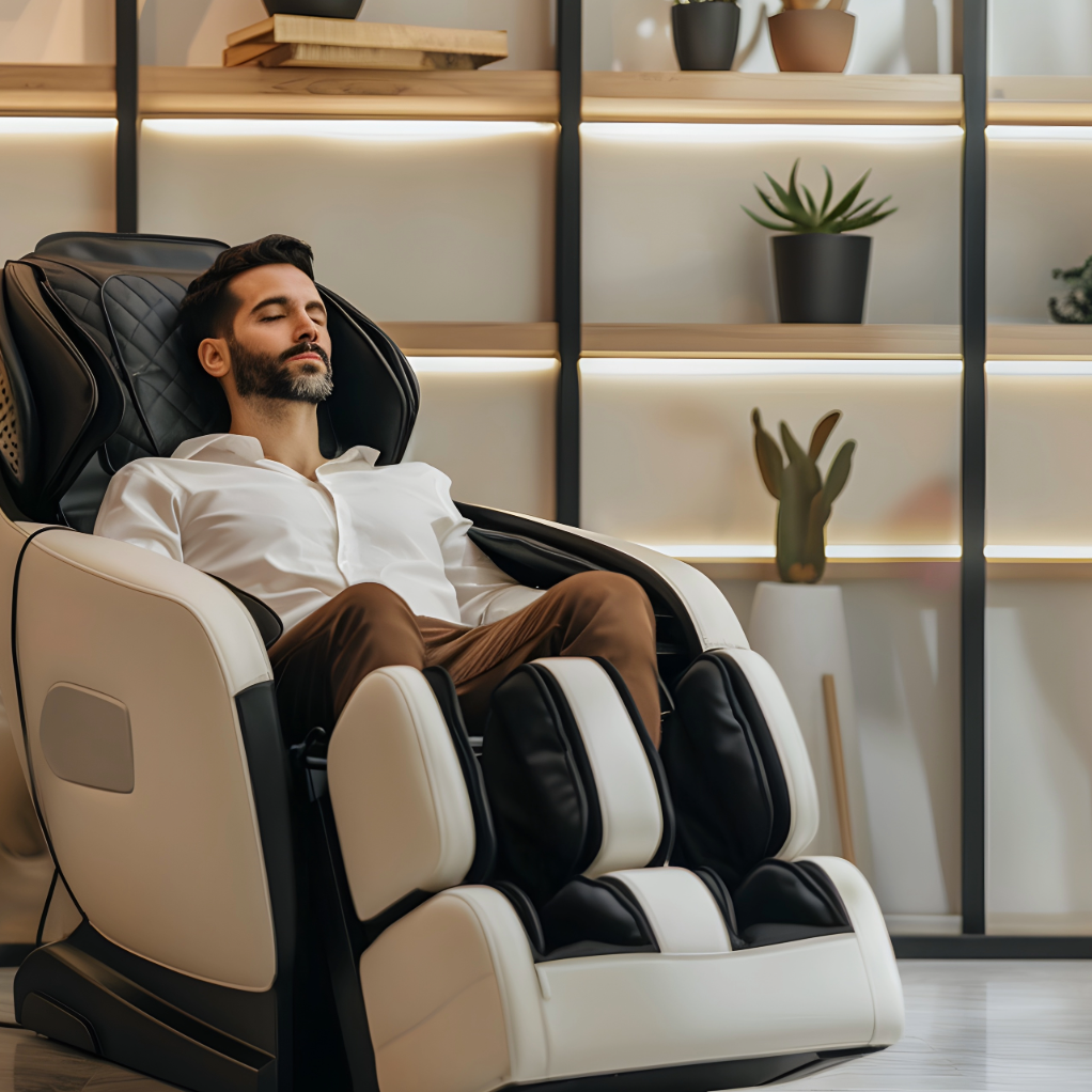Man with closed eyes relaxing in a massage chair in a modern room with wooden shelves and potted plants.