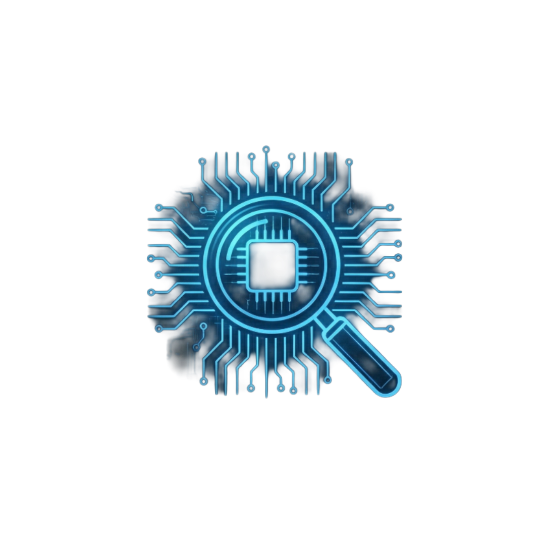 Digital illustration of a computer chip with circuitry, surrounded by a glowing magnifying glass on a black background.