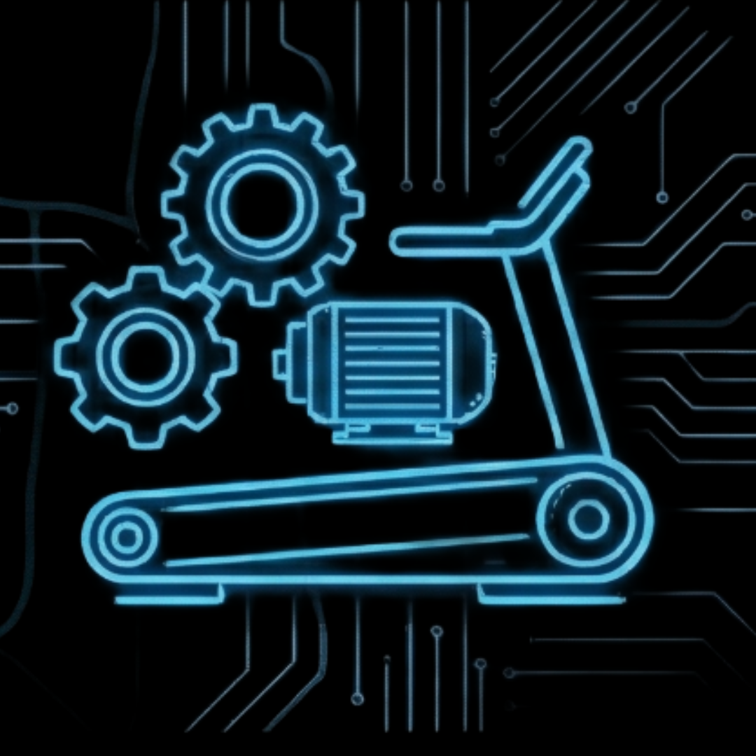Digital illustration of a treadmill with gears and mechanical components, representing repairs and service.