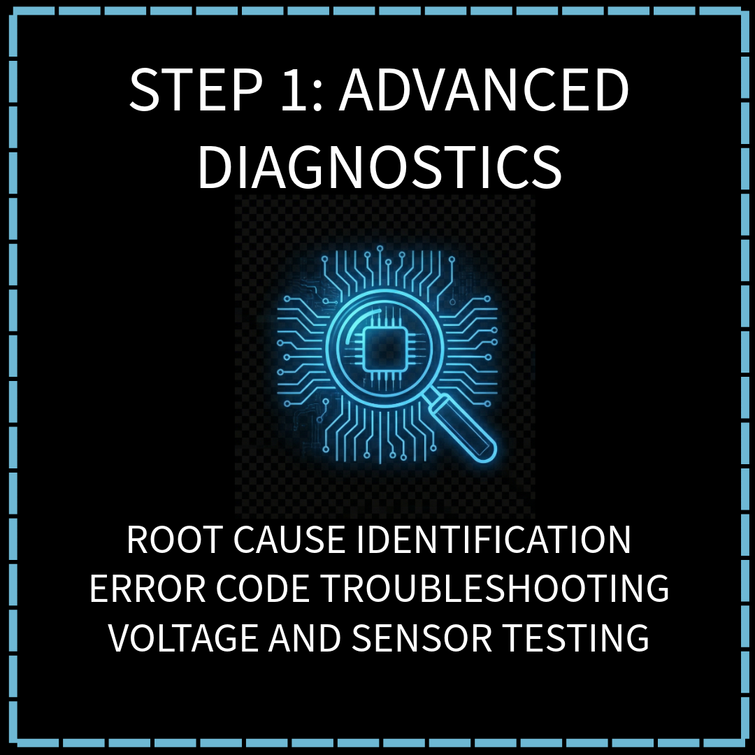 Digital graphic with circuitry pattern and magnifying glass focusing on a microchip, accompanied by text 'Step 1: Advanced Diagnostics, Root Cause Identification, Error Code Troubleshooting, Voltage and Sensor Testing' on a dark background.