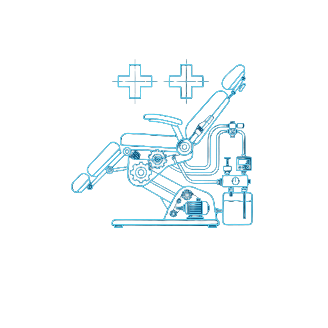 Digital illustration of a reclining dentist chair with mechanical and electronic components, set against a black background.