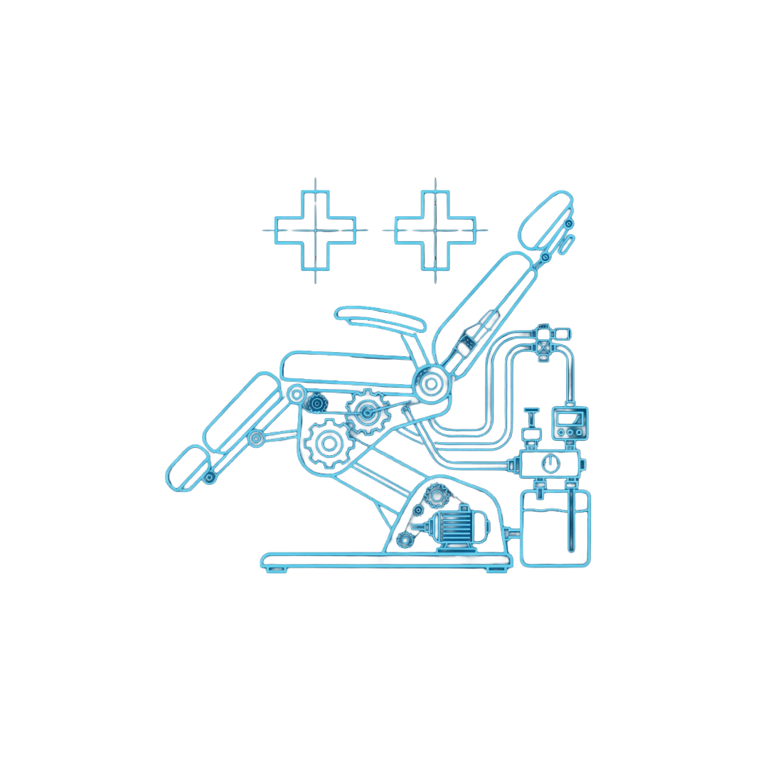 Digital illustration of a reclining dentist chair with mechanical and electronic components, set against a black background.