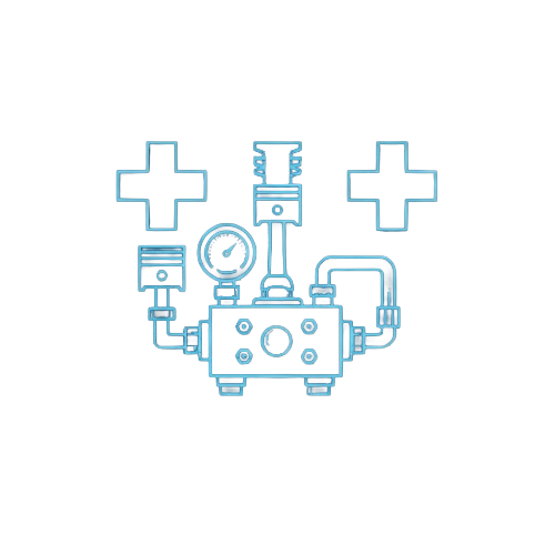 Neon outline of an industrial or mechanical device with gauges and pipes, flanked by two plus signs.