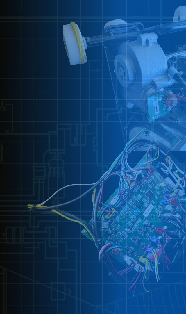 Blueprint-style drawing of a massage chair parts and electronic circuitry with wires, overlaid on a technological background.