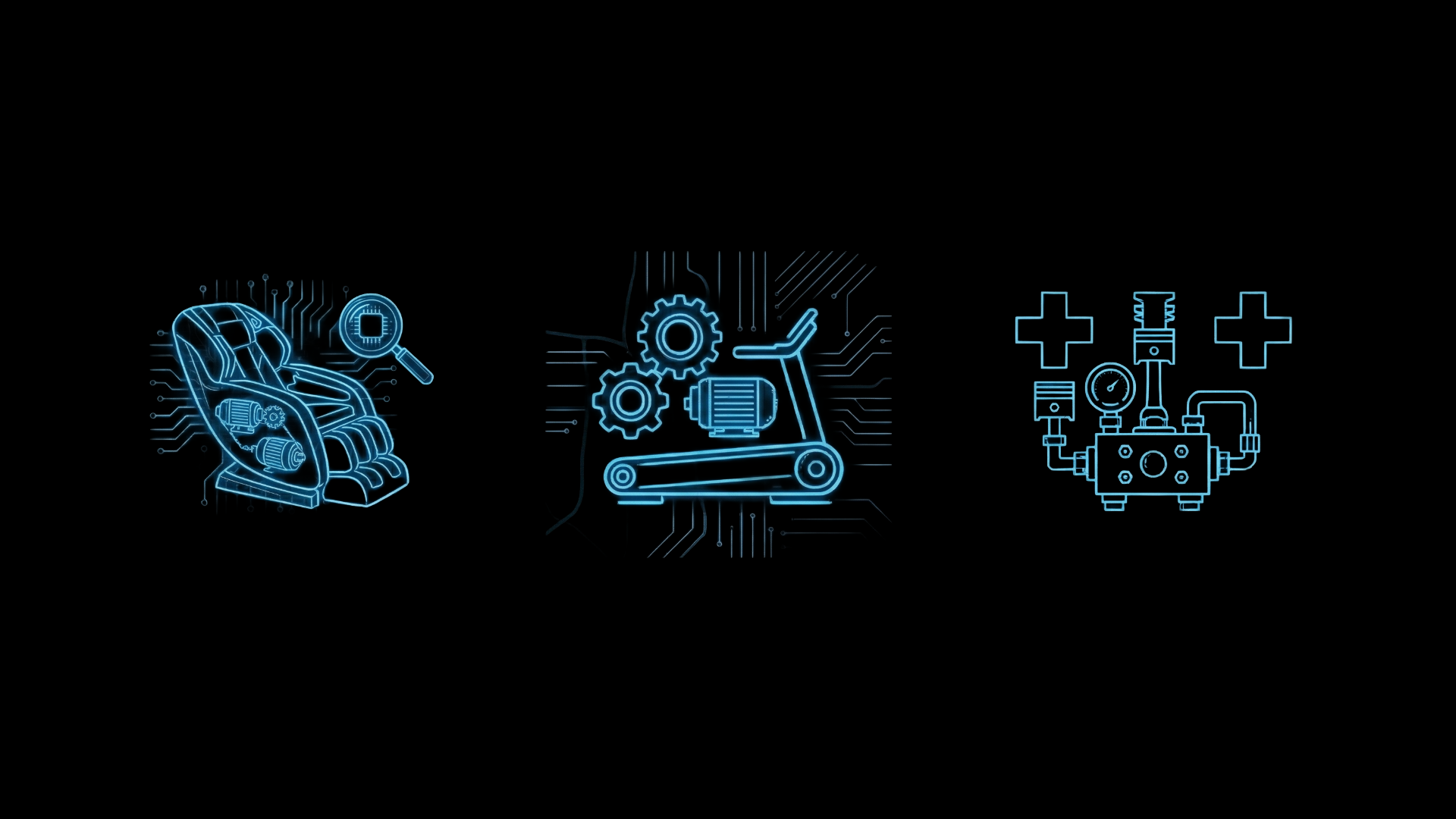 Digital illustrations of a massage chair, a treadmill with gears, and a medical equipment with gauges, all in blue lines on a black background.
