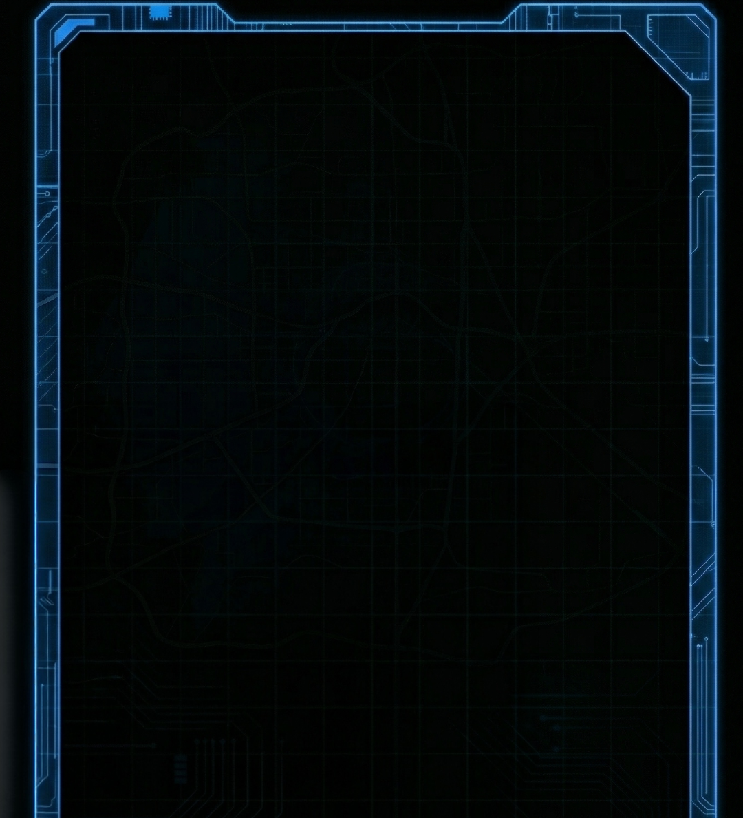 Futuristic digital interface with a glowing blue frame and faint grid lines, resembling a high-tech holographic display.