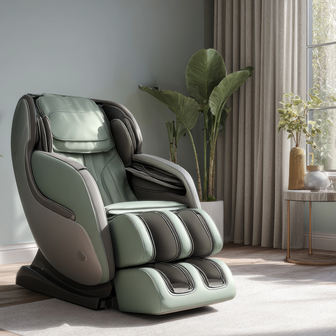 A modern massage chair with a sleek design and green upholstery, placed in a cozy living room with large windows, curtains, and potted plants.