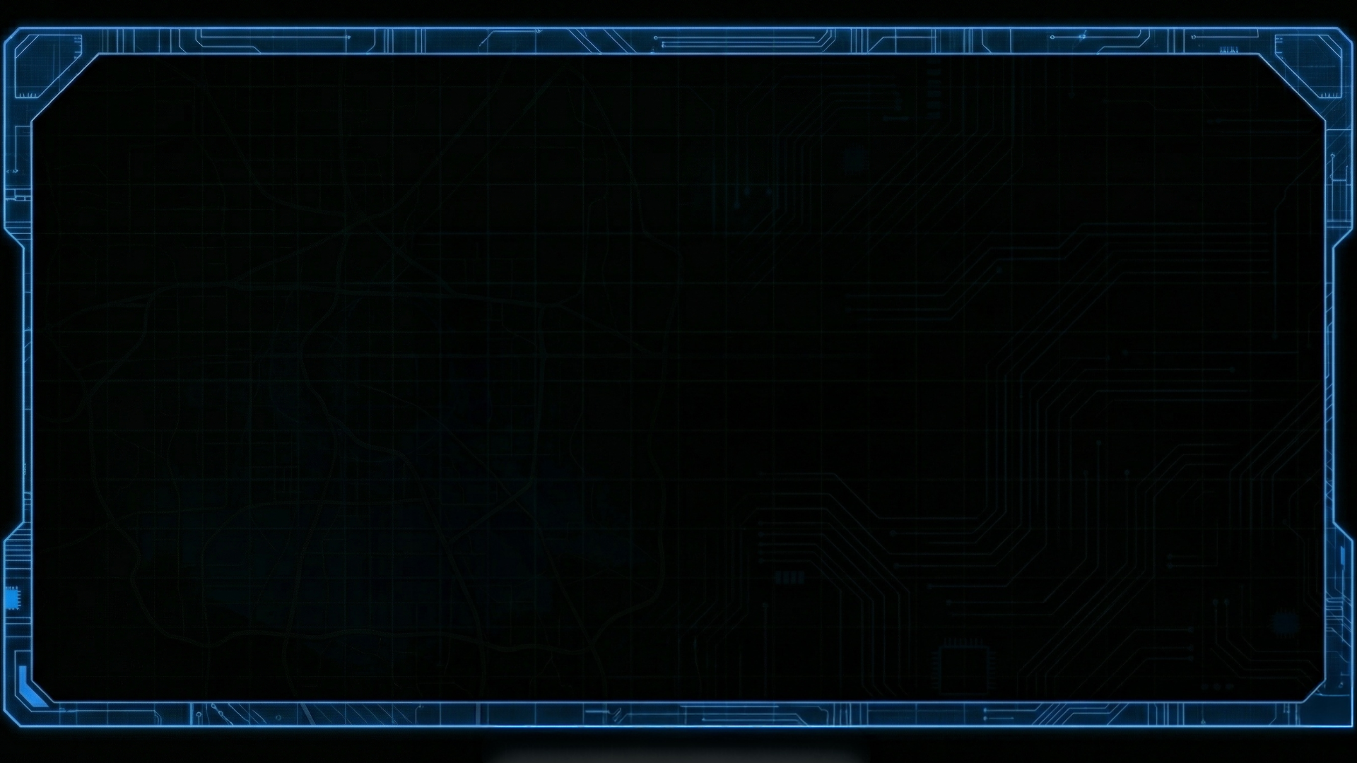 A digital interface or HUD display with a futuristic, sci-fi design featuring glowing blue borders and various circuit-like patterns on a dark background.