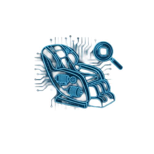 A massage chair with electronic components, alongside a magnifying glass with a microchip. The image resembles precision diagnostics and repairs.