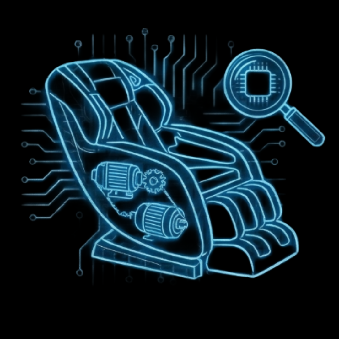 A massage chair with electronic components, alongside a magnifying glass with a microchip. The image resembles precision diagnostics and repairs.