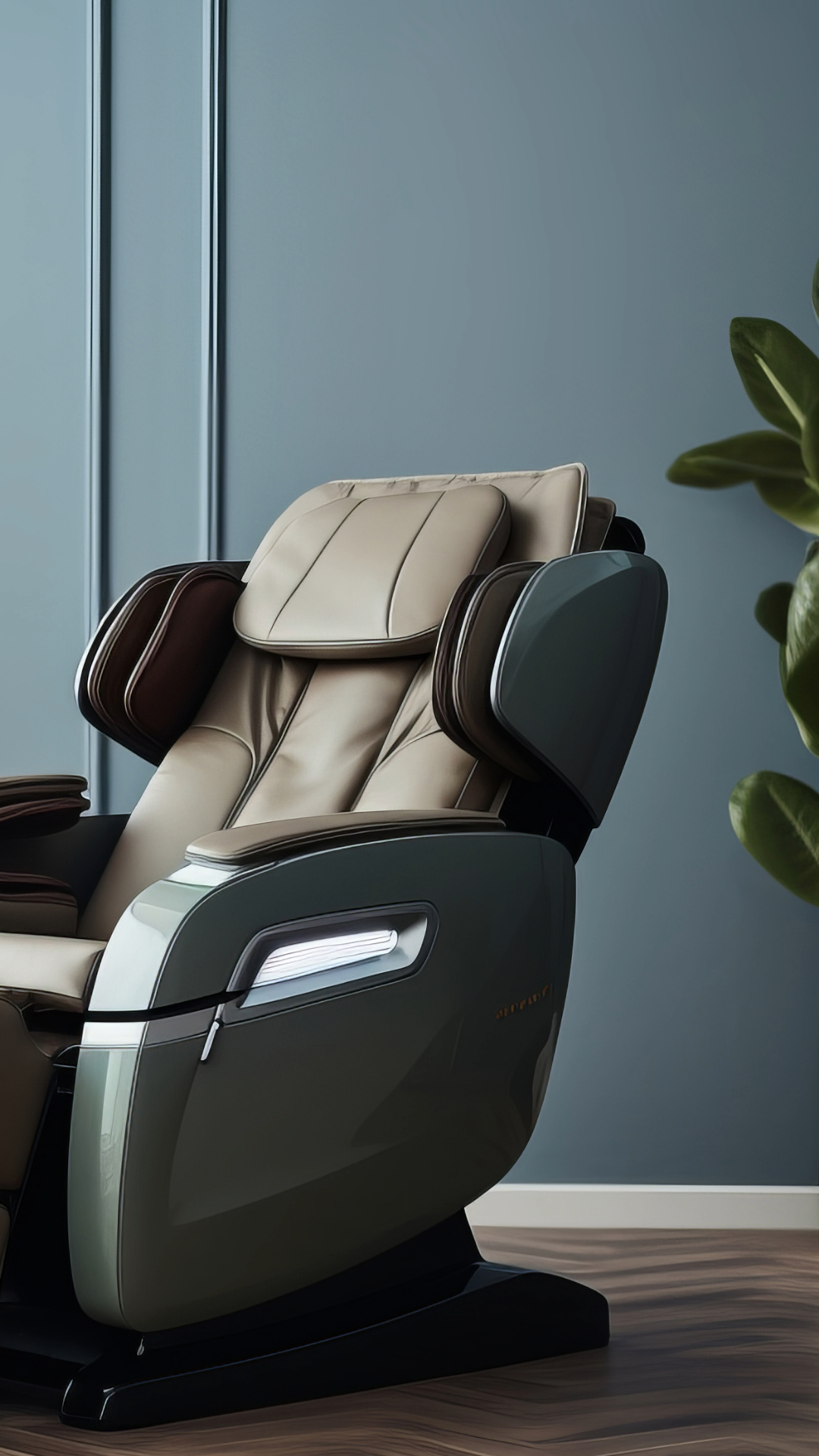 A luxury massage chair with beige and brown upholstery in a modern room with blue walls and a wooden floor.
