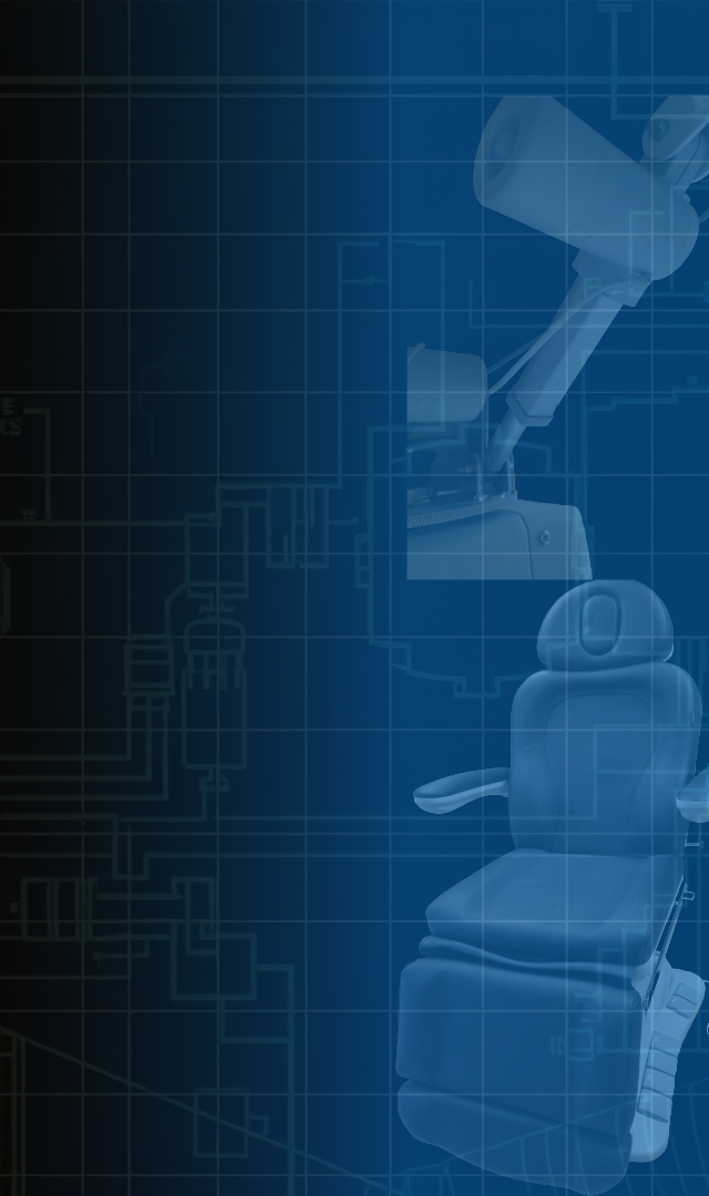 A dental chair with an overhead dental light in a modern dental clinic.