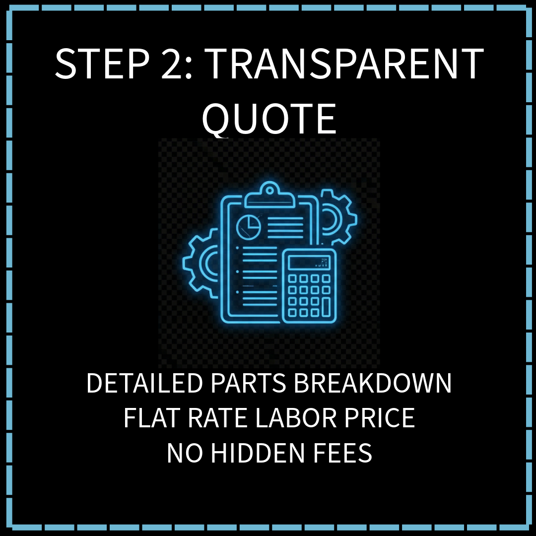 A neon blue outline of a clipboard with documents, gears, and a calculator, with text above and below. The text reads: 'STEP 2: TRANSPARENT QUOTE' at the top, and 'DETAILED PARTS BREAKDOWN FLAT RATE LABOR PRICE NO HIDDEN FEES' at the bottom.