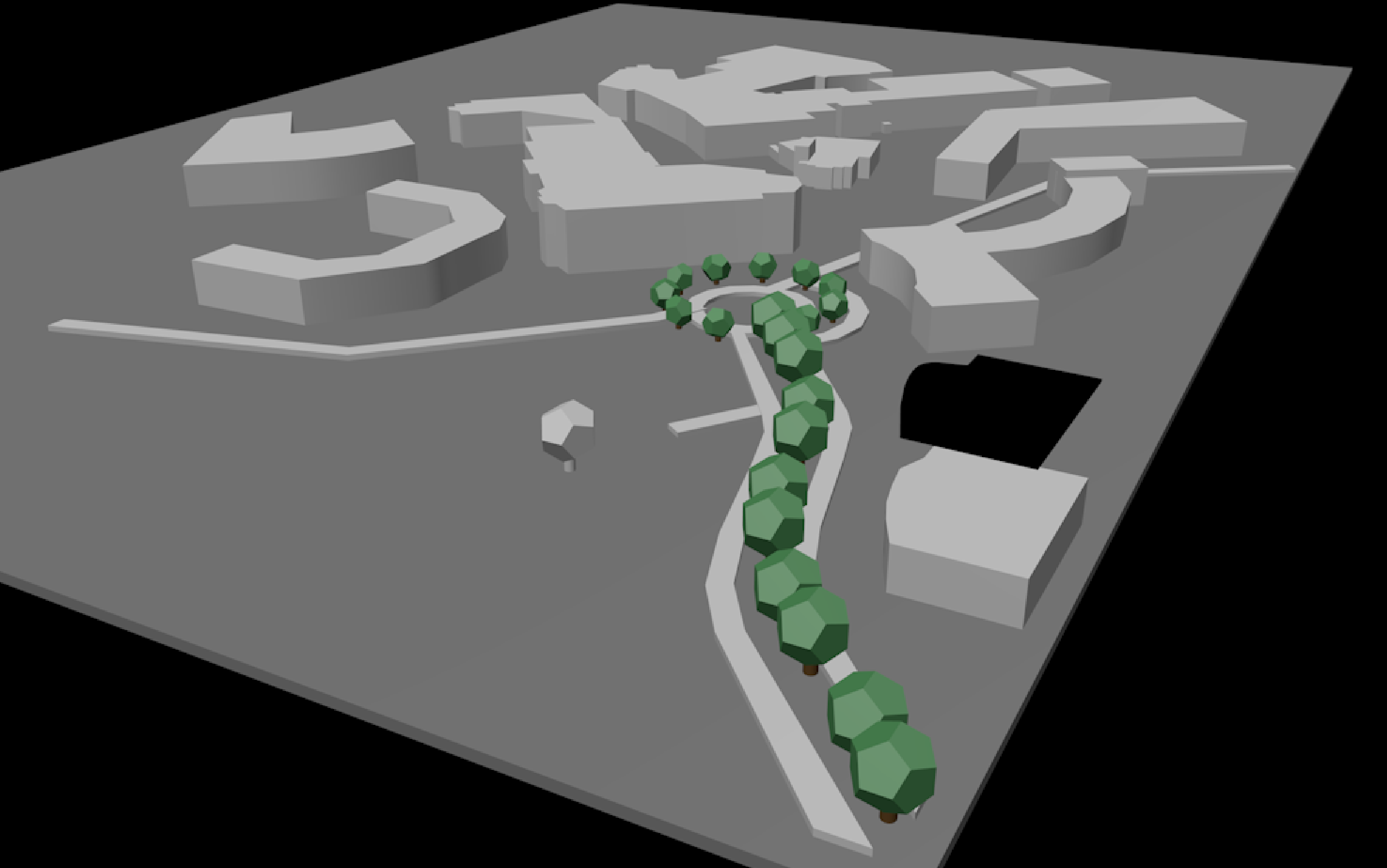 Added some trees for legibility purposes and to better understand relative sizes within the model, also to explore the elements that could be imported into Spark AR from Cinema4D (namely, the cloner)