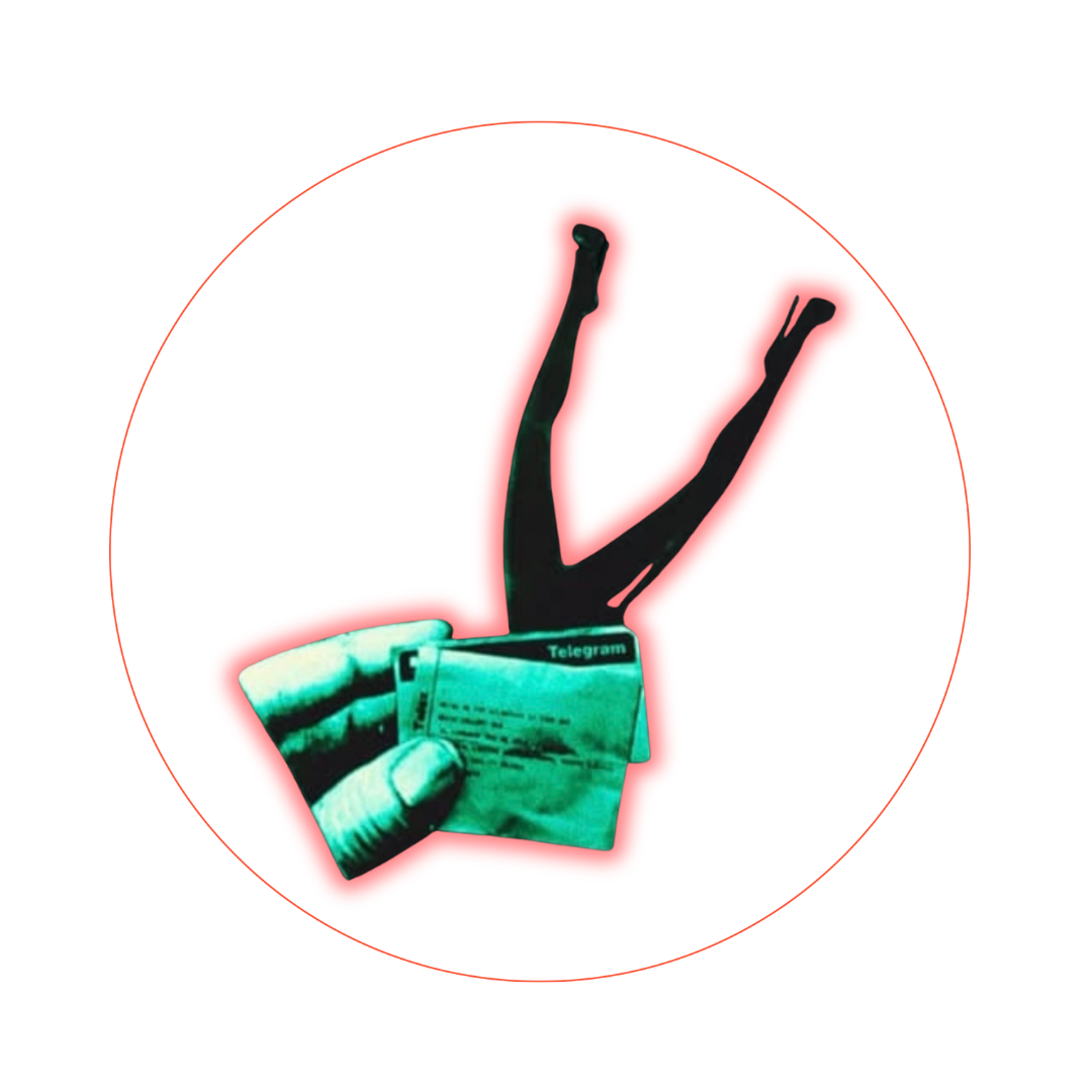 Digital artwork showing a hand holding a Telegram message, with the silhouette of a person with their arms raised, set against a red circular background.