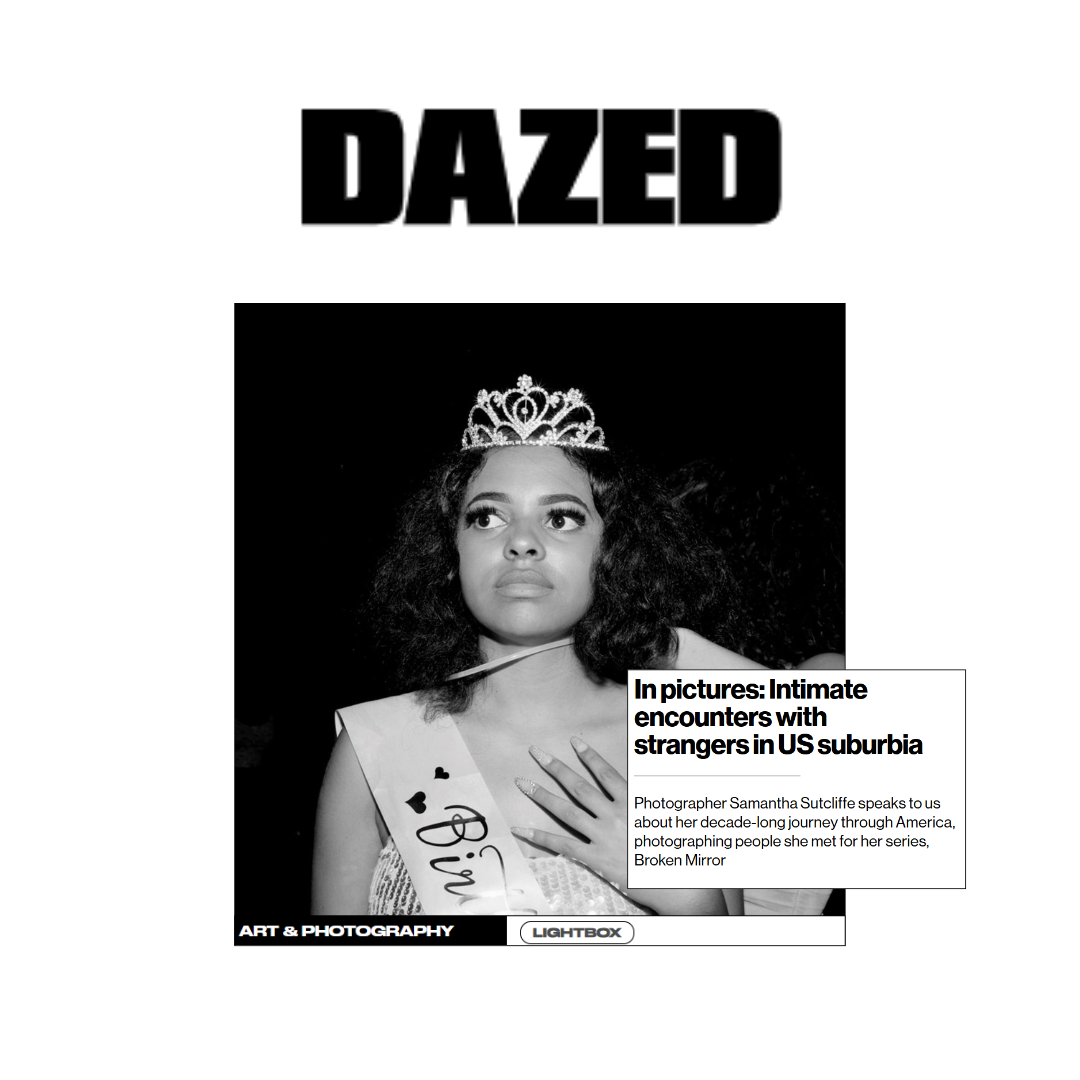 Magazine cover featuring a woman with a tiara and sash, with headline about intimate encounters with strangers in a US suburb, and a smaller caption about photographer Samantha Sutcliffe.