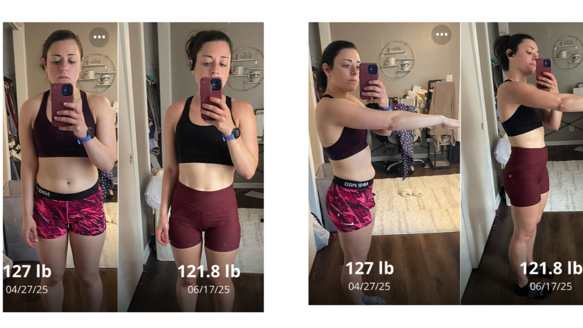 Side-by-side mirror photos of a woman in workout clothes showing weight loss progress from 127 pounds in April 2025 to 121.8 pounds in June 2025, with a focus on her changing body.