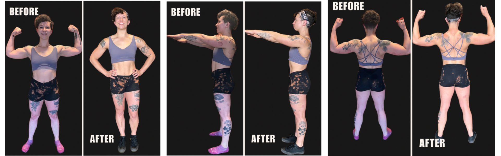 Side-by-side comparison of a woman before and after fitness transformation, showing increased muscle tone and different poses. The left and right images display her with her back to the camera, flexing her biceps. The middle images show her with arms