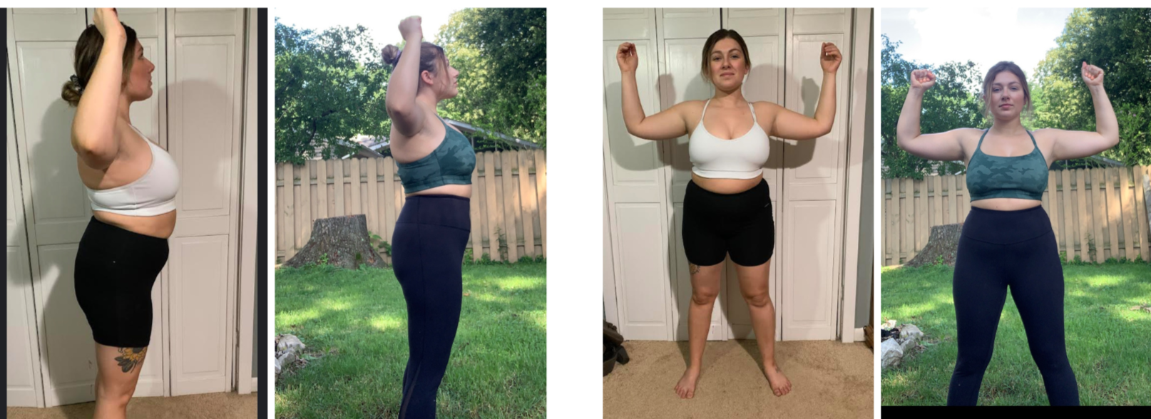 A woman shows before and after progress in fitness, with side view images outdoors and front view images indoors, flexing muscles and standing confidently.