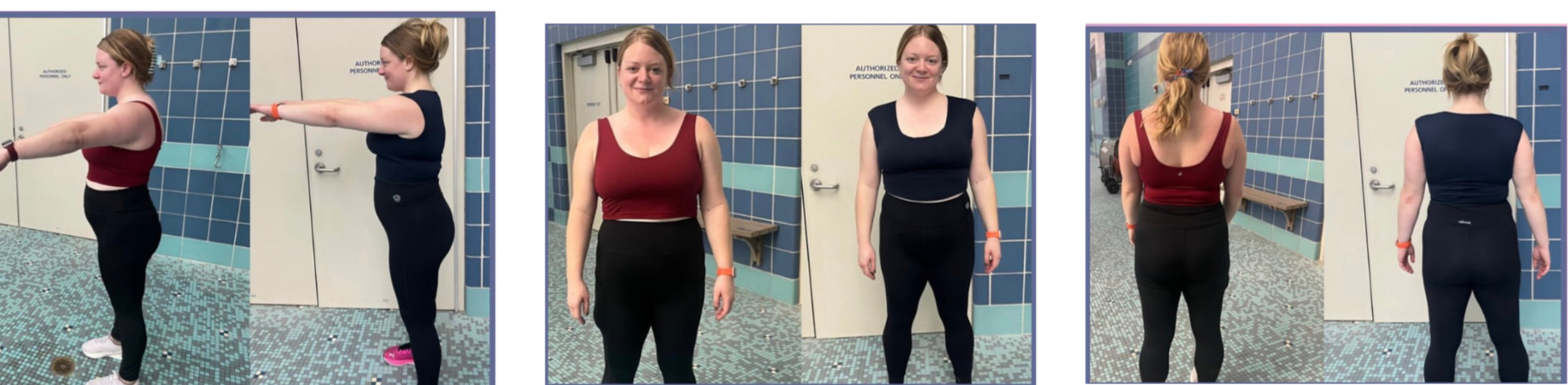 Sequence of six photos showing a woman in a gym changing room, standing in front, back, and side views, dressed in workout clothes, before and after a fitness transformation.