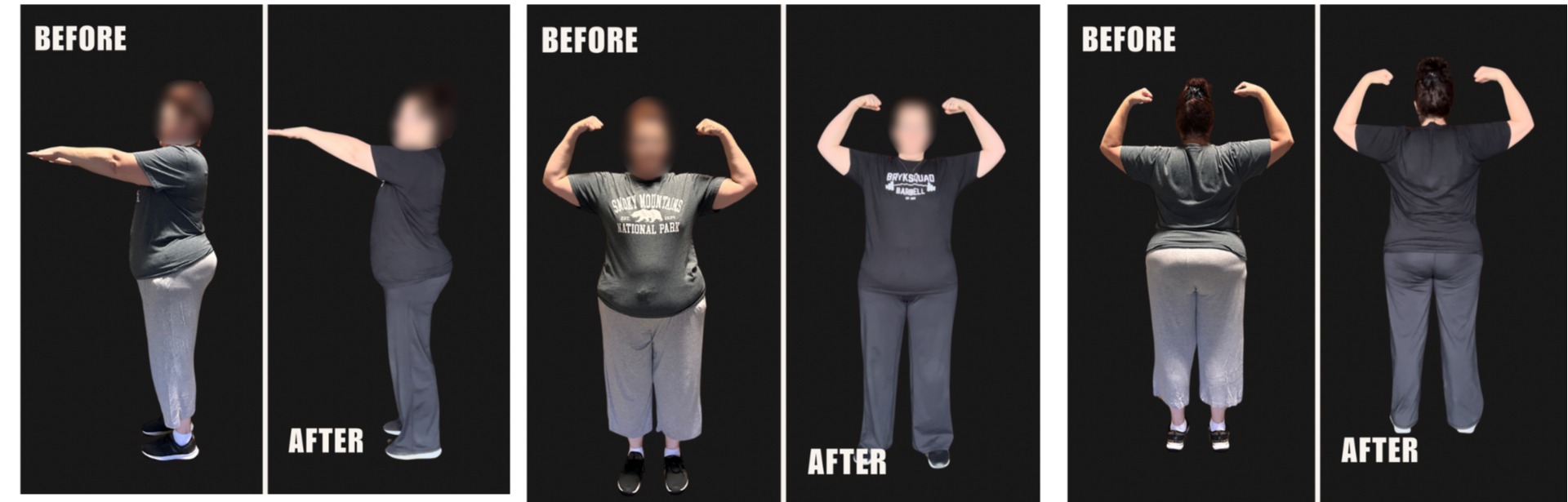 Comparison of before and after photos showing a woman with her arms extended forward and then flexed to show muscle, demonstrating physical transformation or fitness progress.