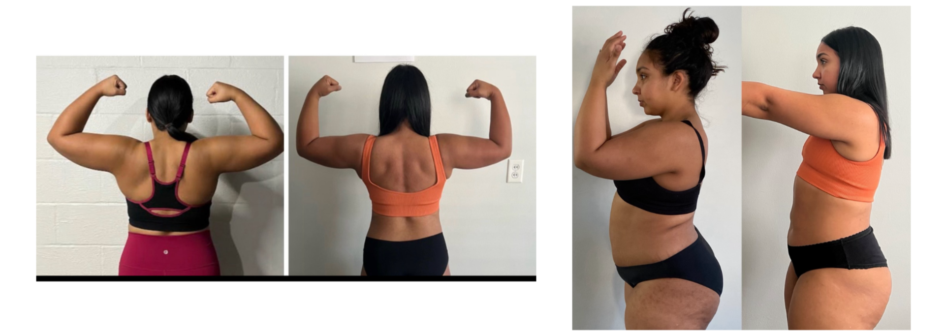 Sequence of four side-by-side photos showing women flexing their arm muscles in similar poses, with the women in the third and fourth images having more body fat and muscle definition.