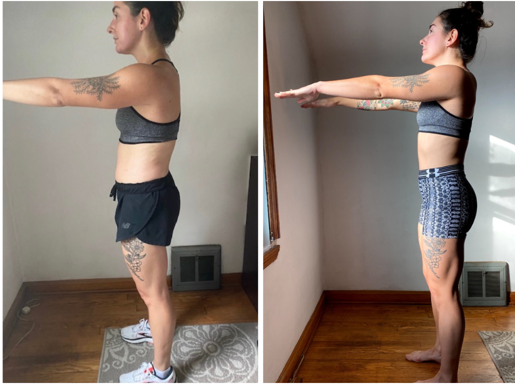 Side-by-side comparison of a woman before and after workout, standing in a room with wooden flooring, arms extended forward, wearing a sports bra and shorts, showcasing physical transformation.