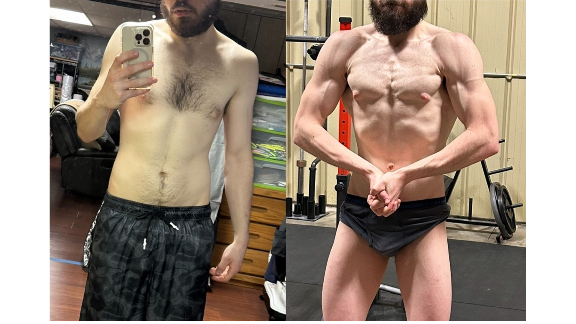 Side-by-side photographs of a shirtless man taking mirror selfies, showing a transformation from a thinner physique with less muscle definition to a more muscular build with defined muscles.