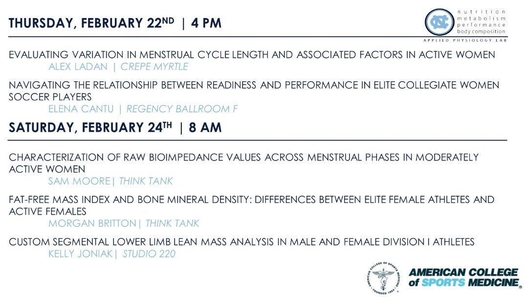 Science in action this week. My incredible team will be sharing brand new data related to female health and female athlete sport science at @southeastern_acsm @sammoorestrong @alexxladan @kejoniak12 @ecantu_5 @morgan.britton Go check them out!  At th