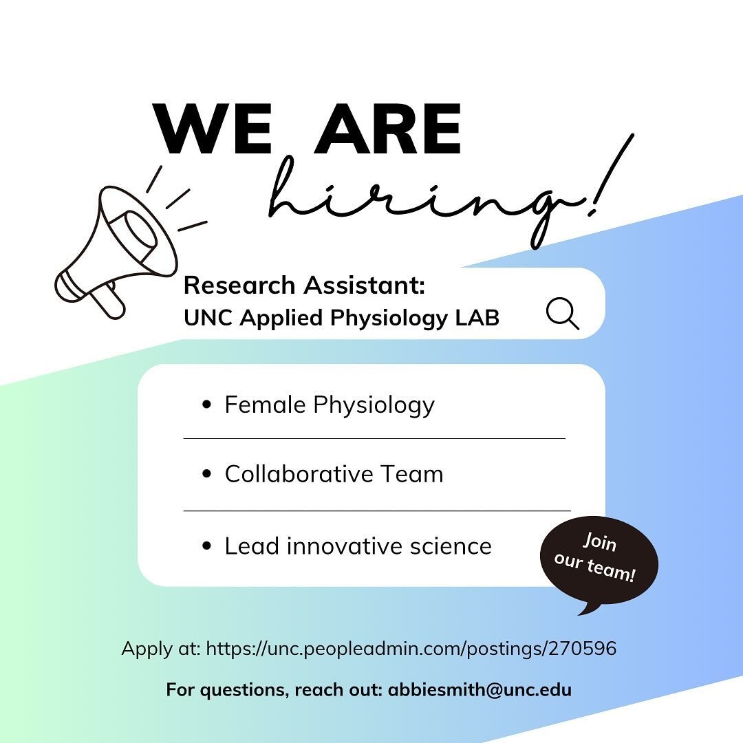 Clinical Research Assistant:
We are looking for a dynamic and innovative individual to help lead recruiting and coordinating research evaluating the impact of nutrition and exercise for women across the lifespan. In this role, you will work closely w