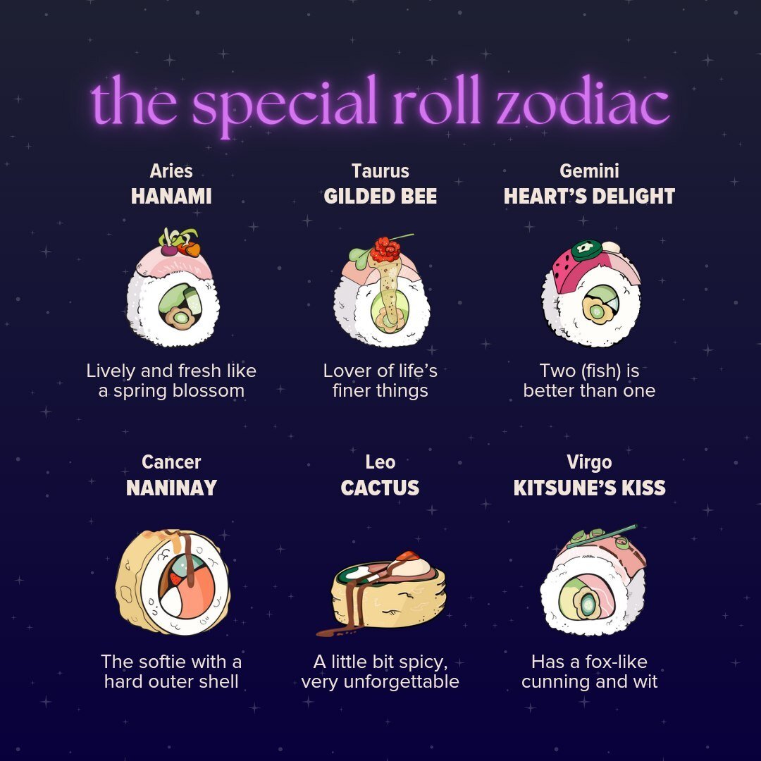 Happy Hanami season 🌌♈️ Are you and your favorite roll a cosmic match?

Big shoutout to @hajdesigns for creating these custom illustrations of our special roll lineup- we're in love with how they turned out! 🤩