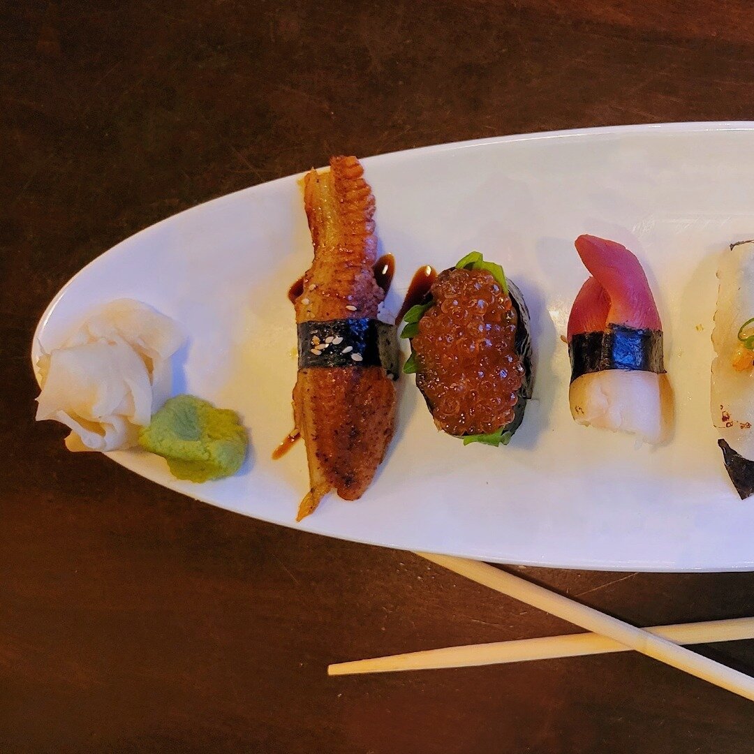 Too much sushi for one frame sounds like a good problem to us! Can you name all the types of nigiri on this plate?