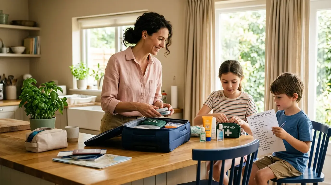 Denver mother organizing family travel health essentials and medications before a summer trip